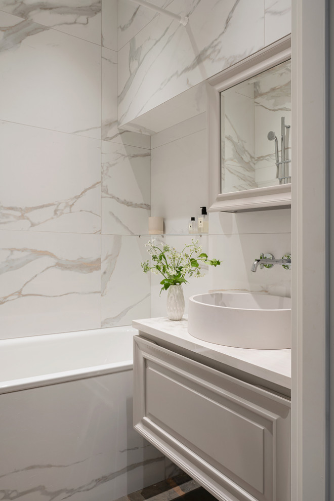 Inspiration for a small eclectic master beige tile and porcelain tile porcelain tile, brown floor and single-sink bathroom remodel in Moscow with raised-panel cabinets, beige cabinets, an undermount tub, white walls, a drop-in sink, quartz countertops, white countertops and a floating vanity