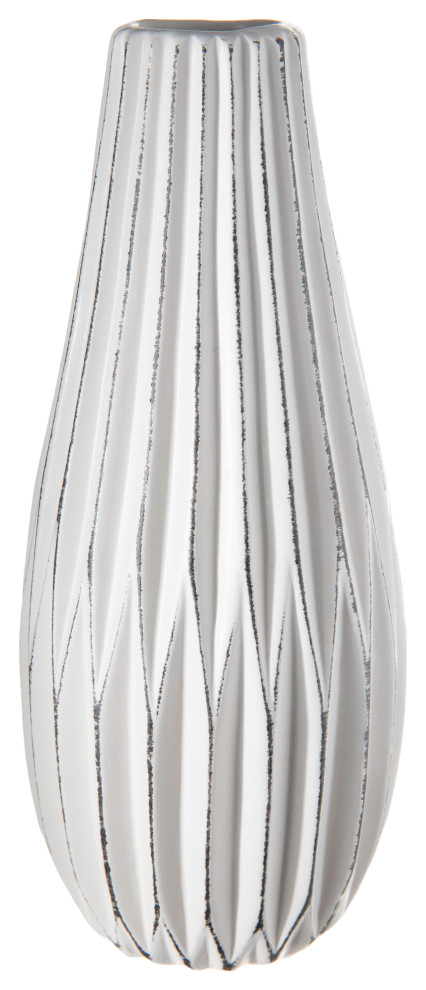 Ceramic Bellied Vase with Spike Pattern Design Matte White Finish