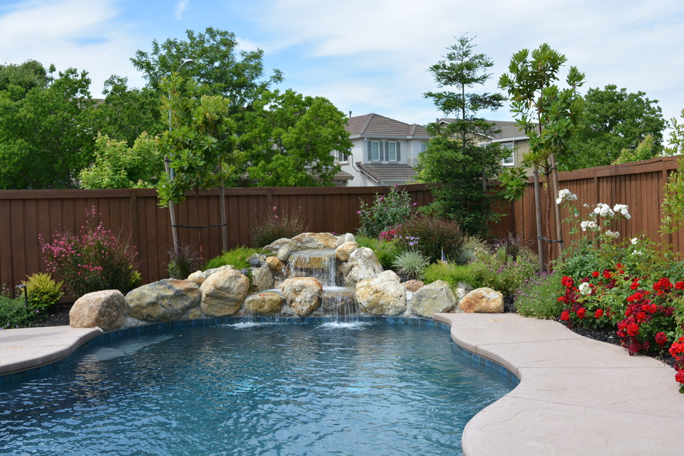Mid-sized traditional backyard custom-shaped natural pool in Sacramento with a water feature and natural stone pavers.