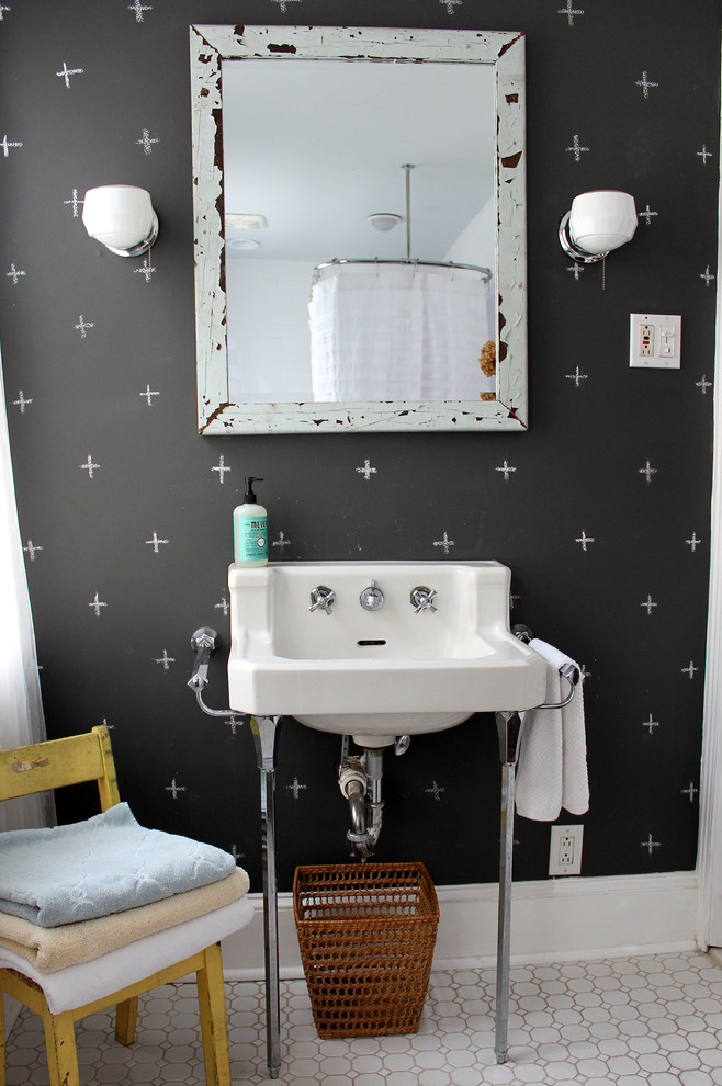 Design ideas for an eclectic kids bathroom in Philadelphia with a console sink and black walls.