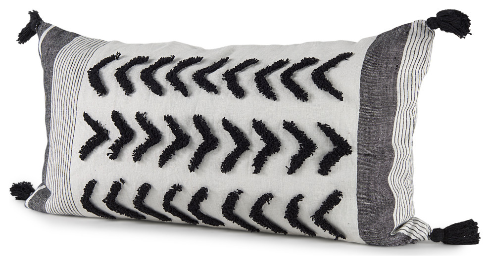 Kimia White and Black Herringbone Fabric With Fringed Decorative Pillow Cover