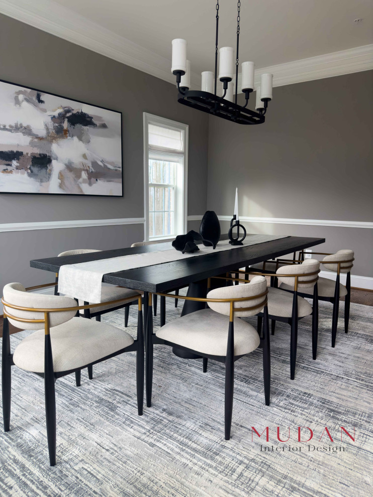 Kitchen/dining room combo - large transitional medium tone wood floor and brown floor kitchen/dining room combo idea with gray walls