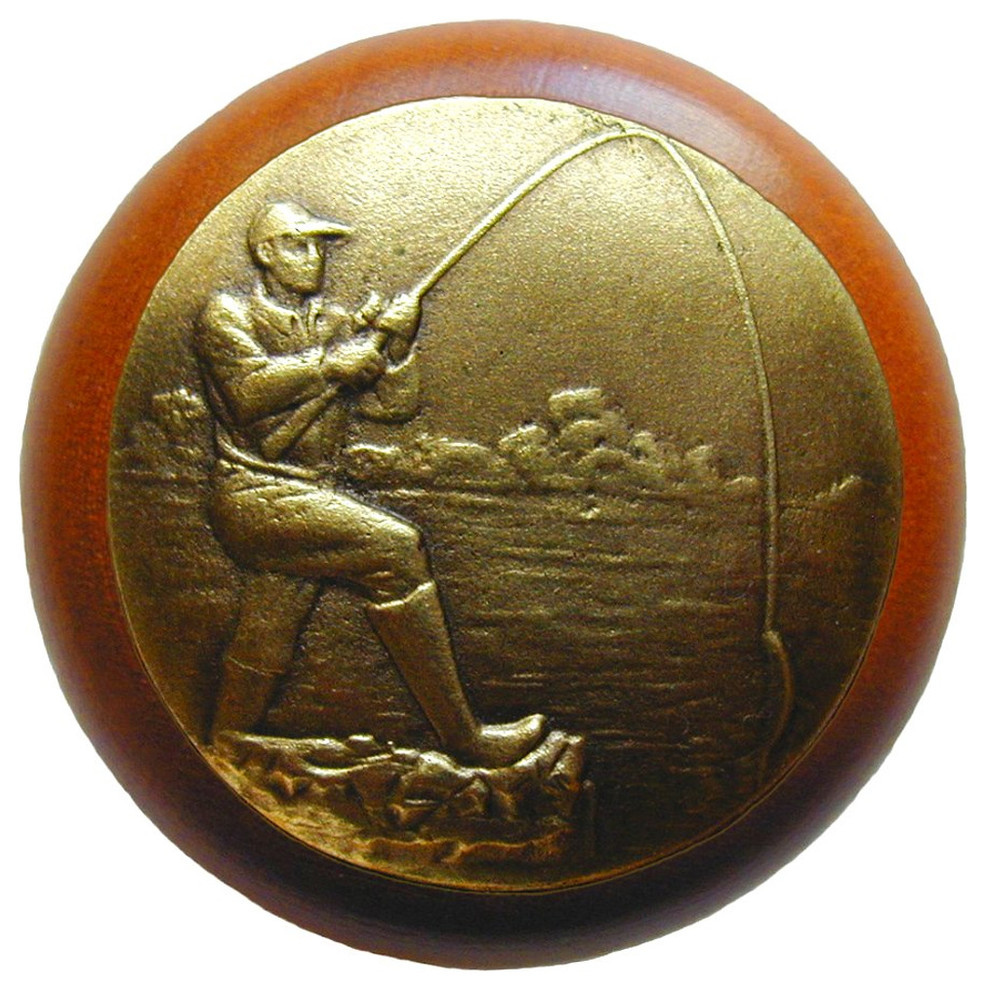 Catch of the Day Wood Knob, Antique Brass, Cherry Wood Finish, Antique Brass