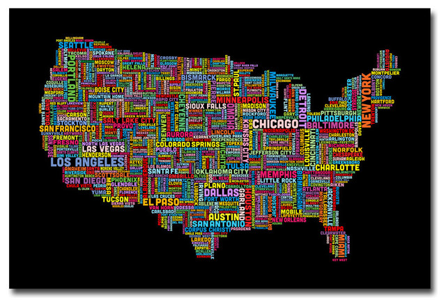 Black and White" Poster Print "United States Cities Text Map