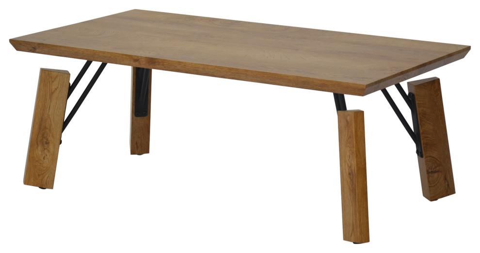 Benzara UPT-266259 Rectangular Wooden Coffee Table With Block Leg, Natural Brown