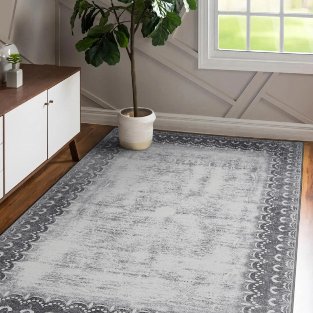 My Magic Carpet Washable Rug Dardon Bordered Grey, 5' X 7'