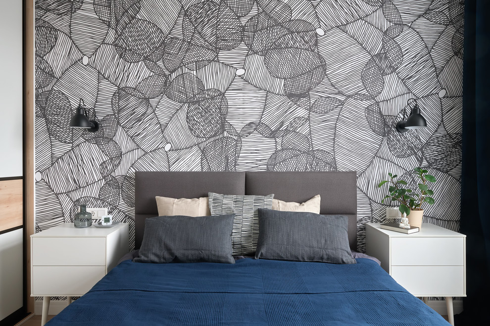 Inspiration for a scandinavian master bedroom in Moscow with grey walls.