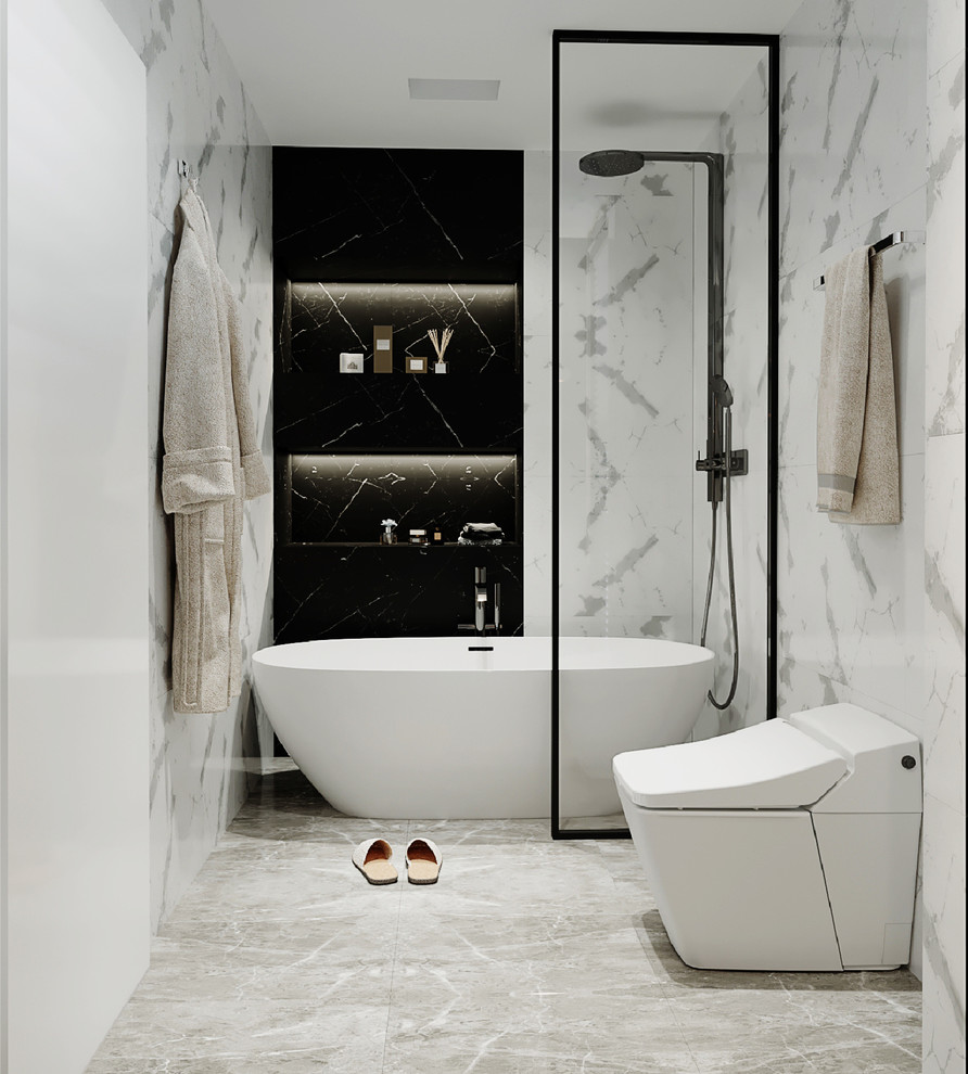 This is an example of a mid-sized contemporary master bathroom in New York with a freestanding tub, a shower/bathtub combo, a one-piece toilet, black and white tile, ceramic tile, white walls, ceramic floors, an undermount sink, grey floor and a shower curtain.