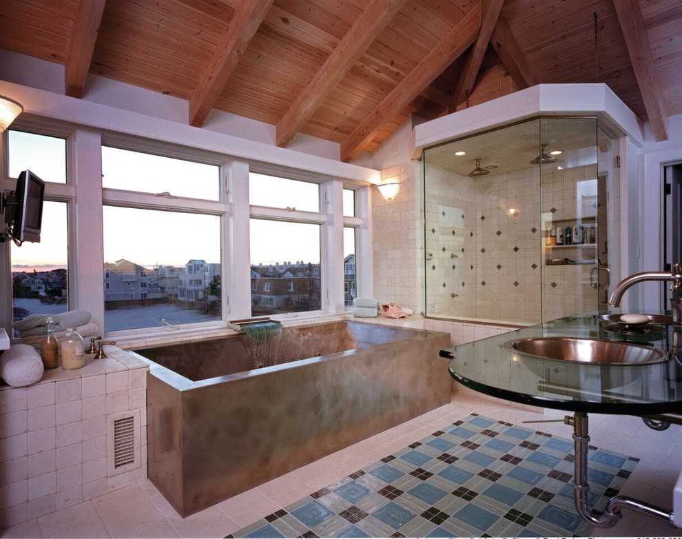 Photo of an expansive bathroom in Philadelphia with glass benchtops, multi-coloured tile, ceramic tile, beige walls, ceramic floors and with a sauna.