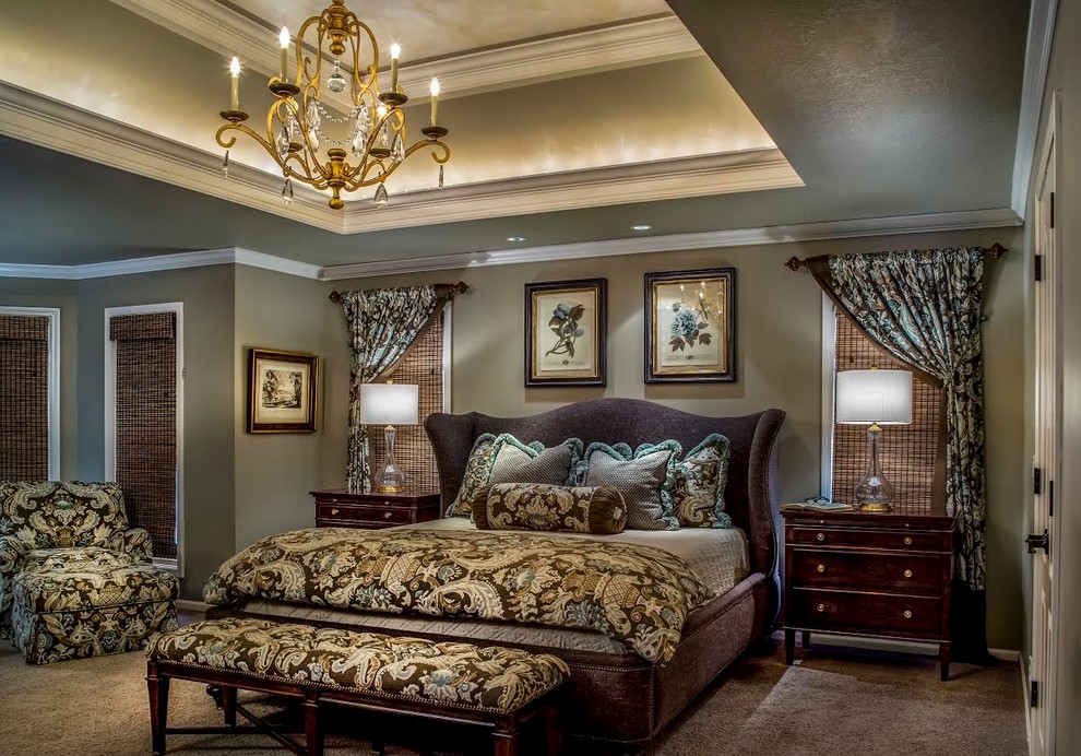 Inspiration for a large traditional master bedroom in Kansas City with grey walls, carpet and no fireplace.