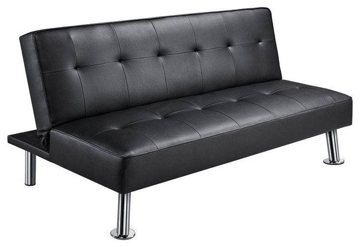 Convertible Futon, Faux Leather Cushioned Seat With Angled Metal Legs