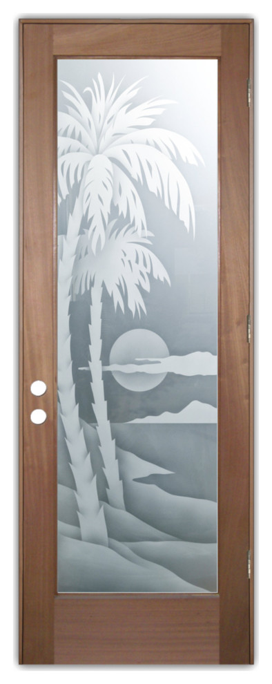 Front Door - Palm Sunset - Mahogany - 36" x 80" - Knob on Left - Pull Open