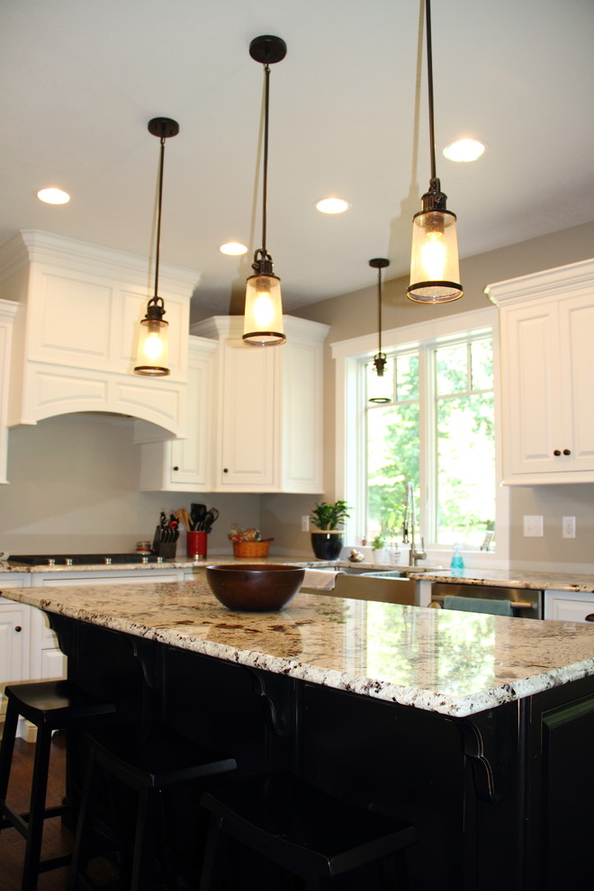 Inspiration for a mid-sized l-shaped dark wood floor eat-in kitchen remodel with a farmhouse sink, raised-panel cabinets, white cabinets, granite countertops, stainless steel appliances and an island