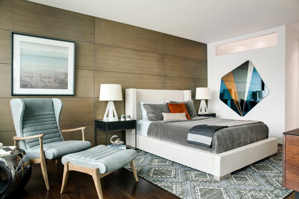 Design ideas for a contemporary master bedroom in San Francisco with brown walls and dark hardwood floors.