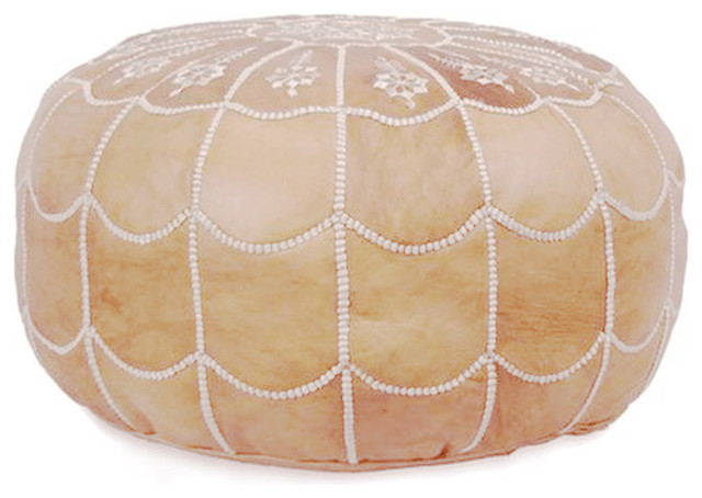 Arch Design Moroccan Leather Pouf, Sand, Stuffed