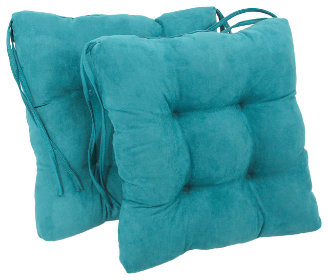 16" Solid Micro Suede Square Tufted Chair Cushions, Set of 2, Aqua Blue