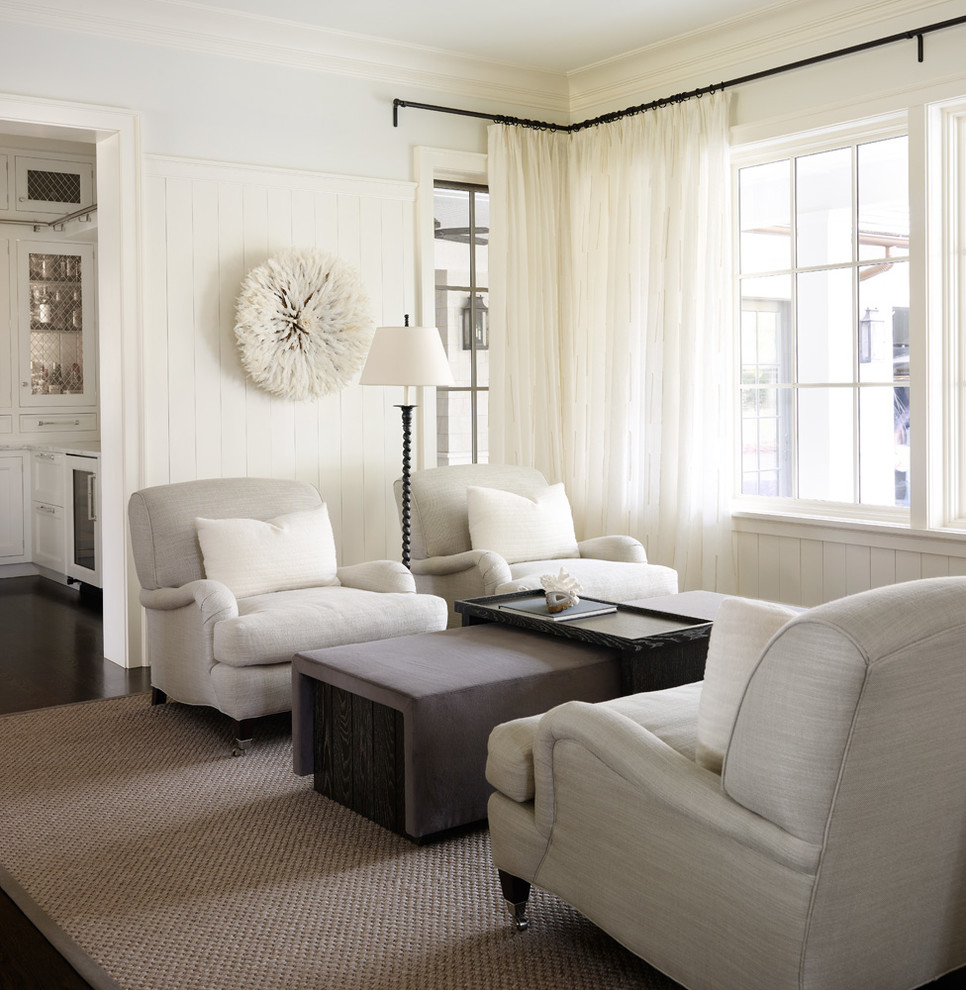 Inspiration for a transitional family room in Chicago with white walls and dark hardwood floors.