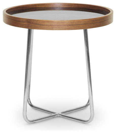 Baxton Studio Lomax Round Walnut Modern End Table with Black Glass Top