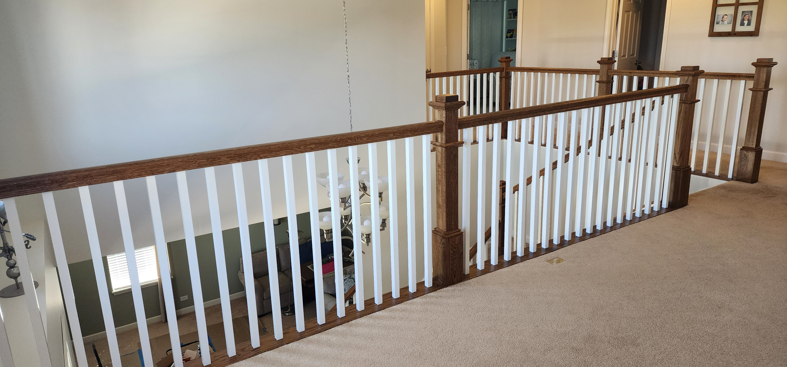 White Oak Provincial Box Newels with square white balusters