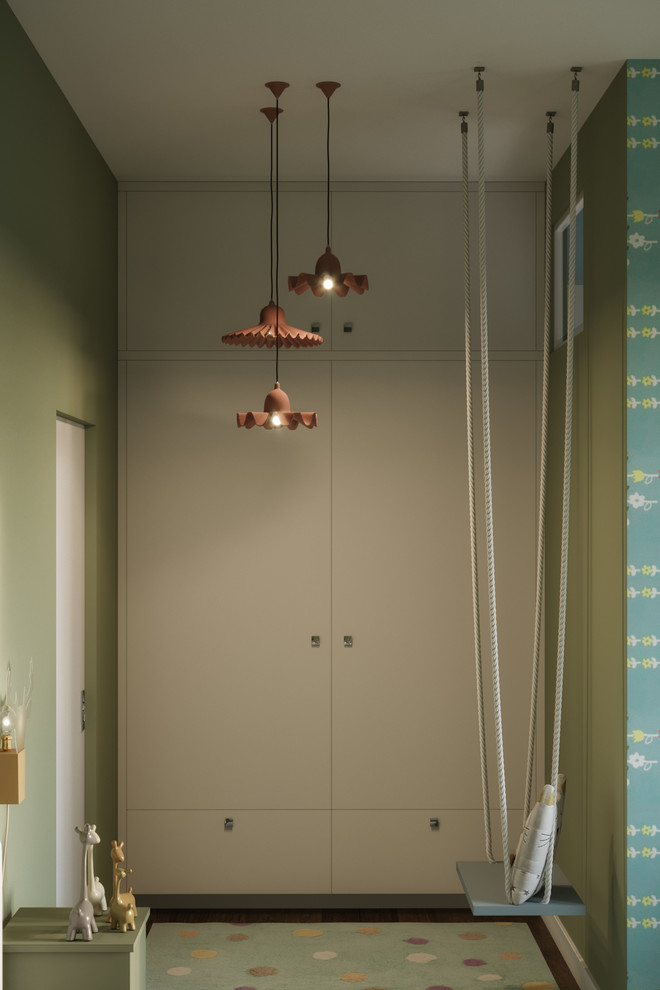 Design ideas for a small contemporary kids' room for girls in Brussels with green walls, bamboo floors and brown floor.