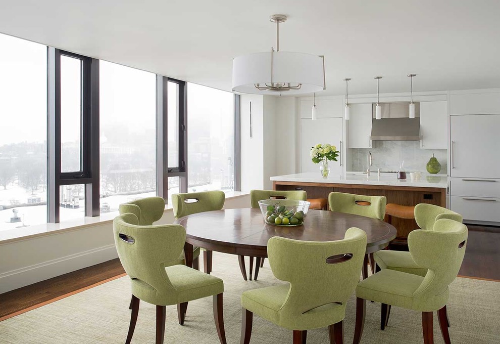 Design ideas for a contemporary kitchen/dining combo in Boston with white walls.