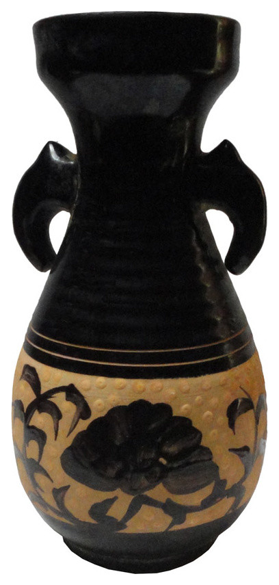 Consigned China Black Orange Ceramic Graphic Flower Vase Display Art Mh346