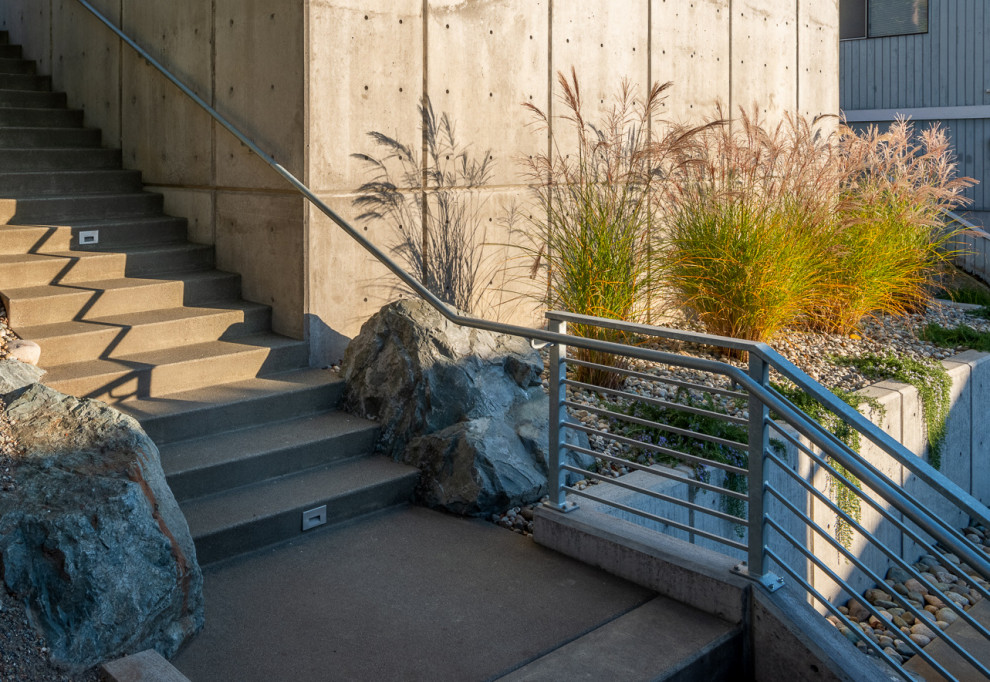 Mid-sized modern courtyard partial sun xeriscape in Seattle with a retaining wall for summer.