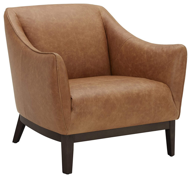 Modern Accent Chair, Genuine Leather Upholstered Seat With Curved Arms