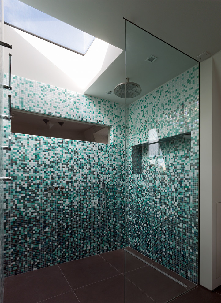 Inspiration for a large contemporary master bathroom in London with flat-panel cabinets, a double shower, multi-coloured tile, mosaic tile and a drop-in sink.