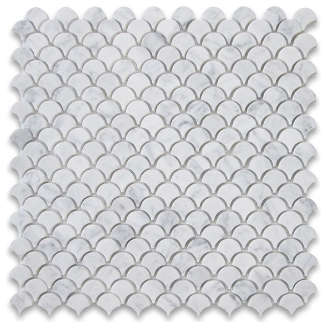 12 X12 Carrara White Mini Fish Scale Fan Shaped Mosaic Tile Honed 12 X12 Carrara White Mini Fish Scale Fan Shaped Mosaic Tile Honed Traditional Wall And Floor By Stone Center