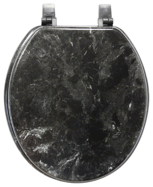 Trimmer FauxMarble Wood Toilet Seat, Black Marble, Standard Round