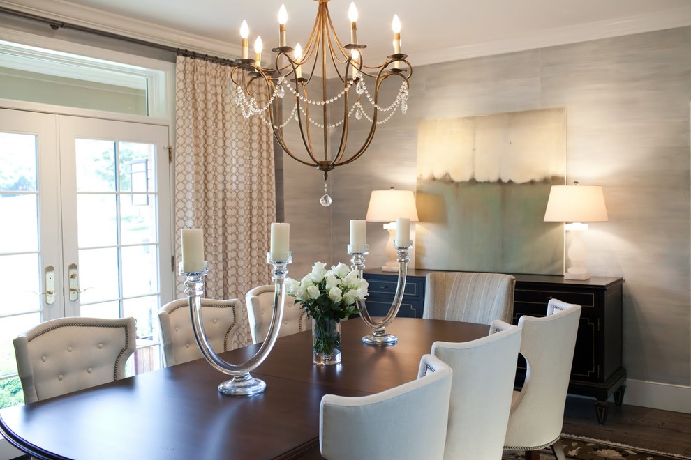 Transitional dining room in Baltimore with grey walls and dark hardwood floors.