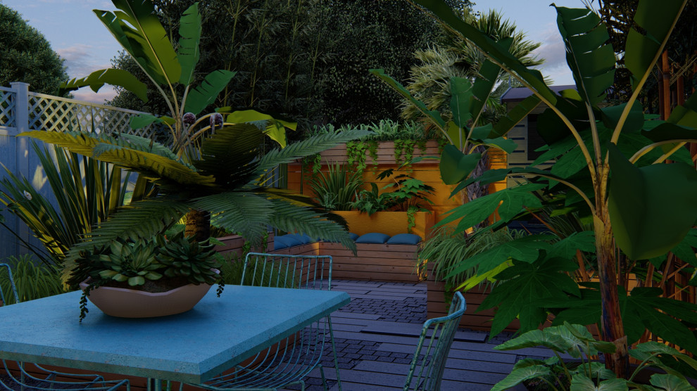 Foto de jardín ecléctico pequeño en verano en patio trasero con jardín vertical, exposición parcial al sol, adoquines de piedra natural y con madera