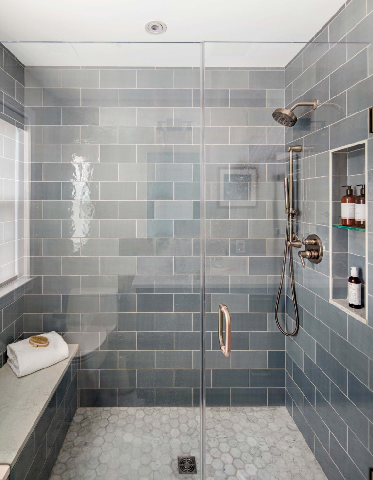 Inspiration for a contemporary master bathroom in DC Metro with shaker cabinets, dark wood cabinets, an alcove shower, marble floors, white floor, a hinged shower door, a shower seat, a double vanity, a floating vanity, blue tile, ceramic tile and blue walls.