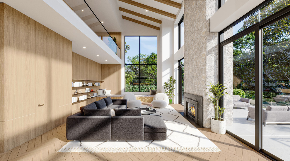 На фото: огромная открытая гостиная комната в стиле модернизм с с книжными шкафами и полками, светлым паркетным полом, двусторонним камином, фасадом камина из камня, балками на потолке и деревянными стенами
