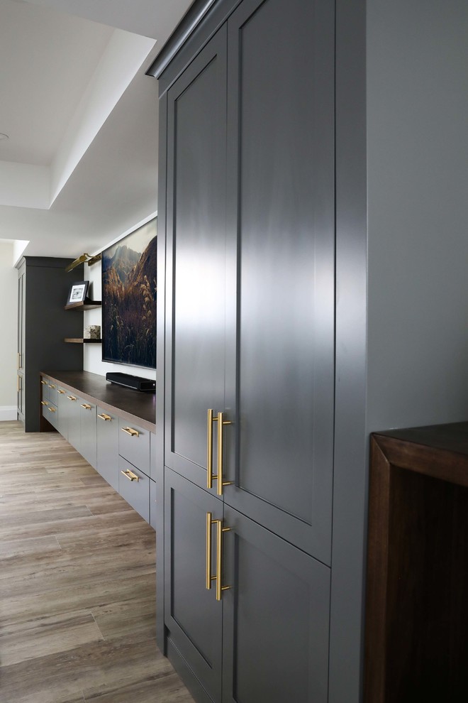 Example of a large transitional look-out vinyl floor and brown floor basement design with white walls