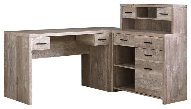 63 Taupe Woodgrain L Shaped Office Desk And Storage Area In One
