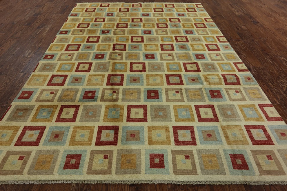 Multicolor Squares Hand Knotted High Kpsi Fine Gabbeh 8'x11' Wool Area Rug H6844