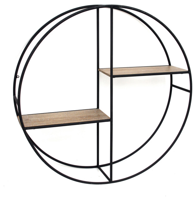 Metal/Wood 24" Round Shelf, Black Industrial Display And Wall