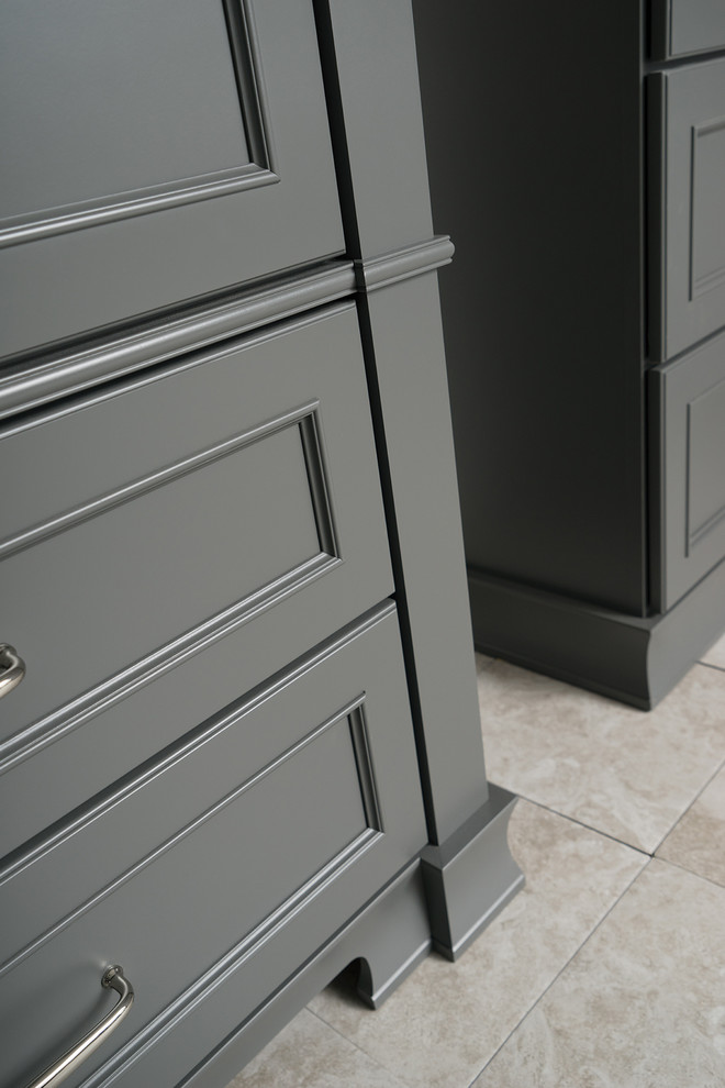 Example of a transitional white tile and subway tile porcelain tile bathroom design in Philadelphia with an undermount sink, flat-panel cabinets, gray cabinets, solid surface countertops and gray walls
