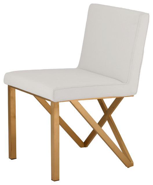 Talbot Dining Chair Armless Brushed Gold Side Chair Naugahyde Leather White