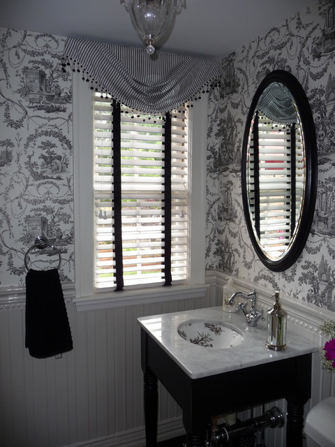 Powder Room with Black  and White  toile  wallpaper  
