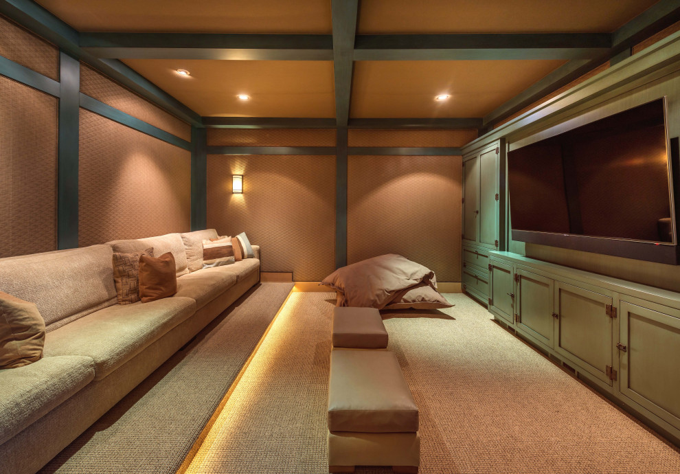 Large country enclosed home theatre in Phoenix with brown walls, carpet, a built-in media wall and grey floor.