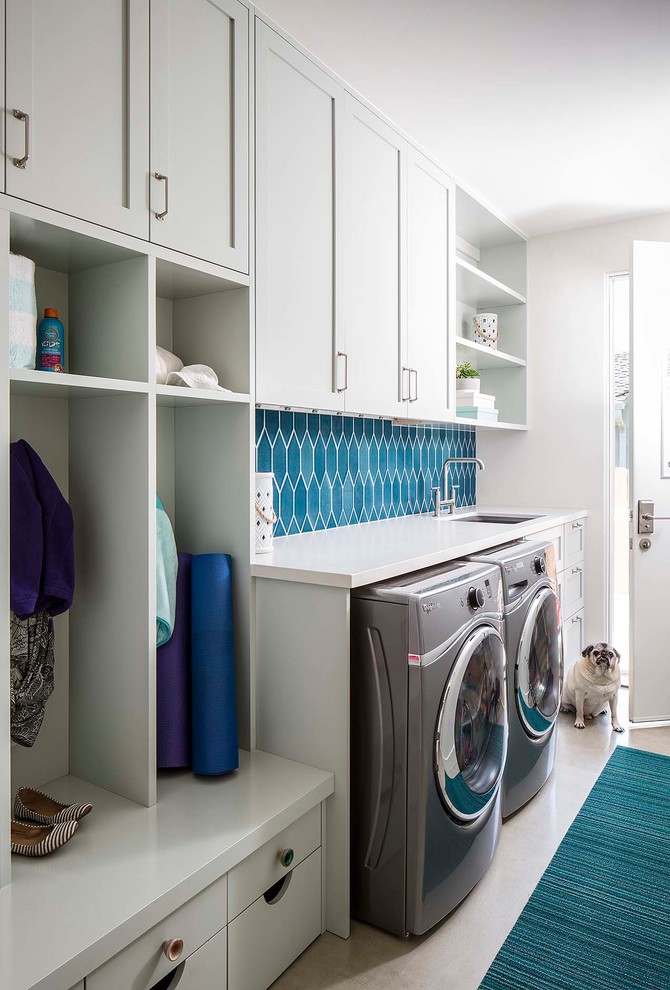 Design ideas for an industrial single-wall laundry room in San Diego.