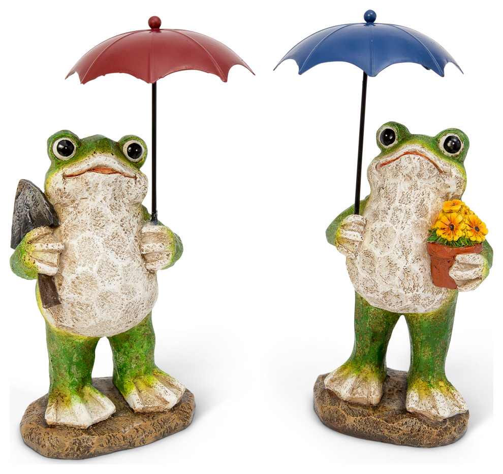 11" Resin Frog Figurines With Metal Umbrellas, 2-Piece Set