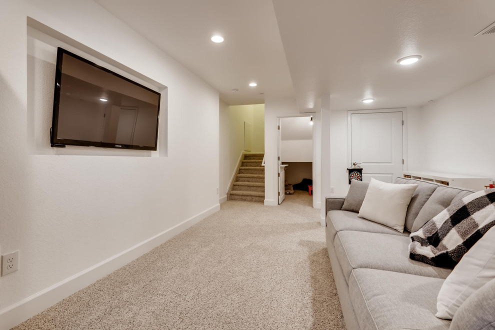Small contemporary look-out basement in Denver with white walls, carpet and beige floor.