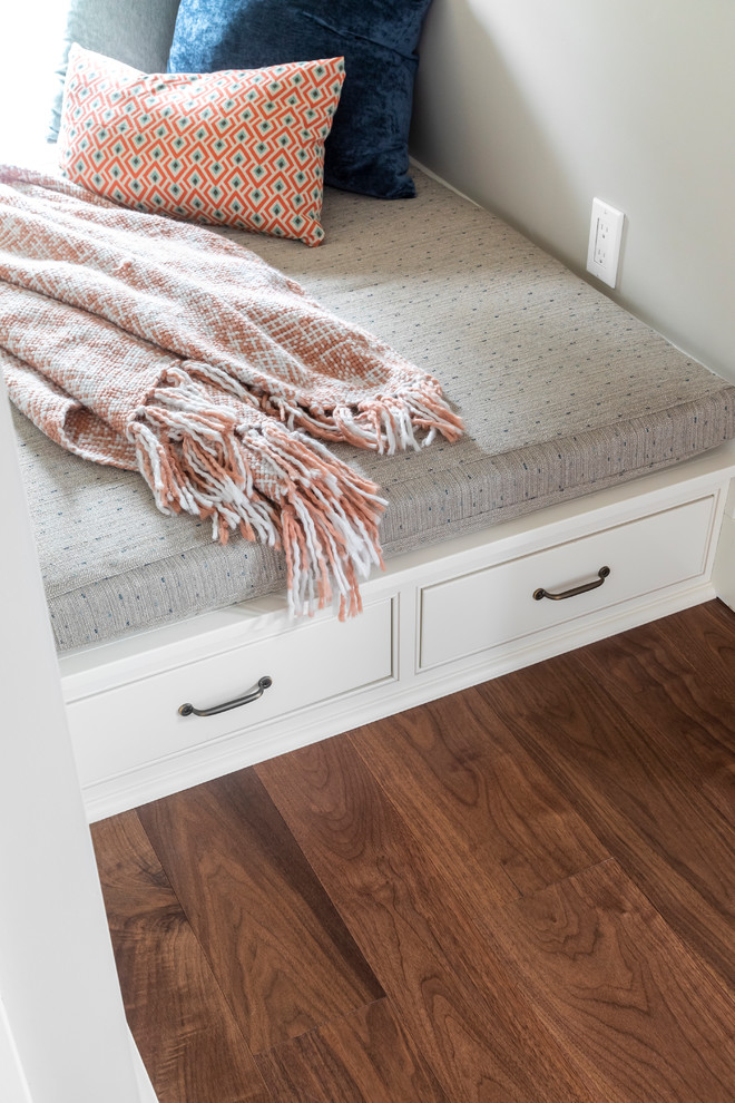 Small transitional open concept dark wood floor home design photo in Seattle with gray walls