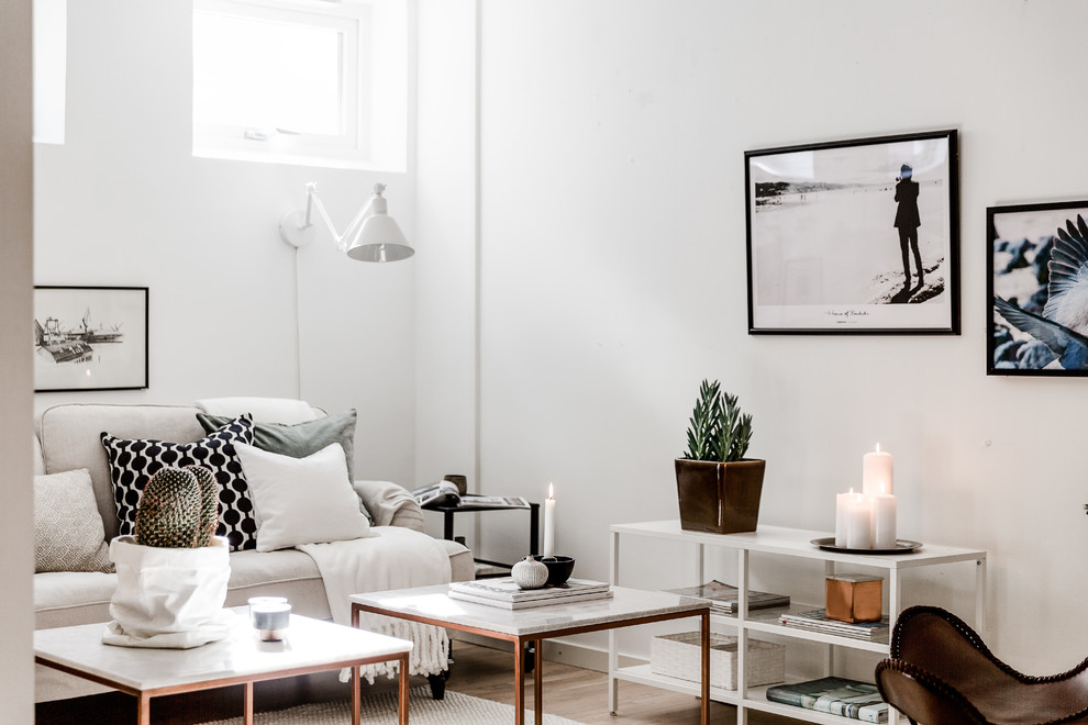 Photo of a mid-sized scandinavian formal living room in Gothenburg with white walls, light hardwood floors, no fireplace and no tv.