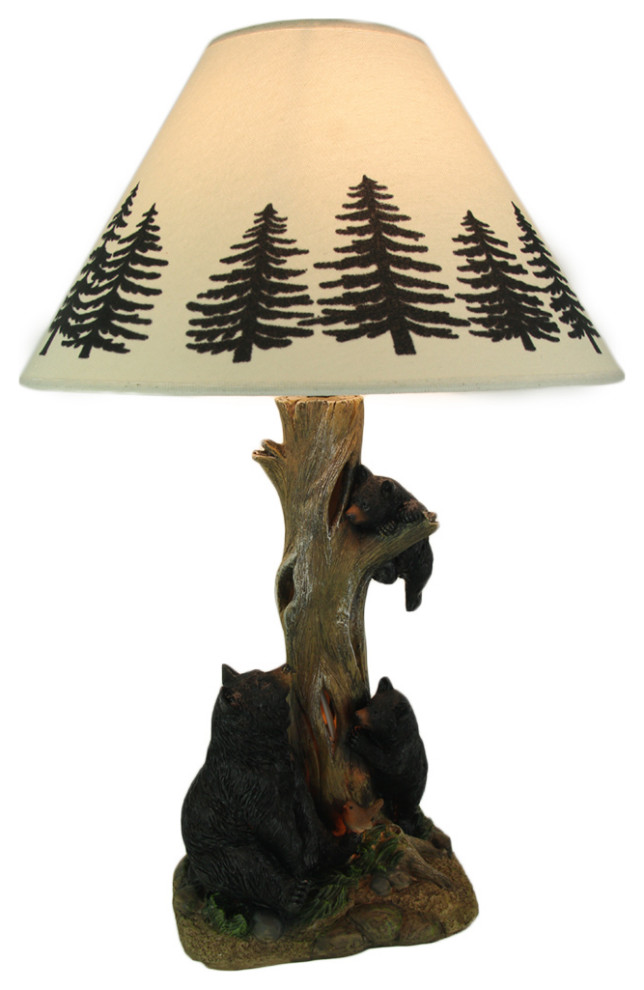 Playful Black Bears Climbing Pine Tree Rustic Table Lamp with Nightlight Base