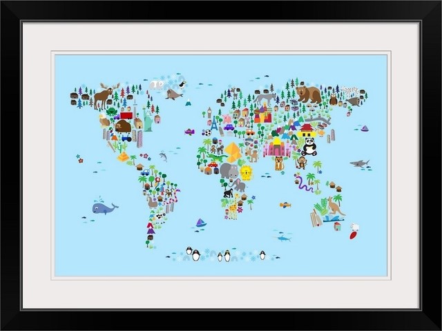 "Animal Map of the World for children, Light Blue" Black Framed Art Print, 32